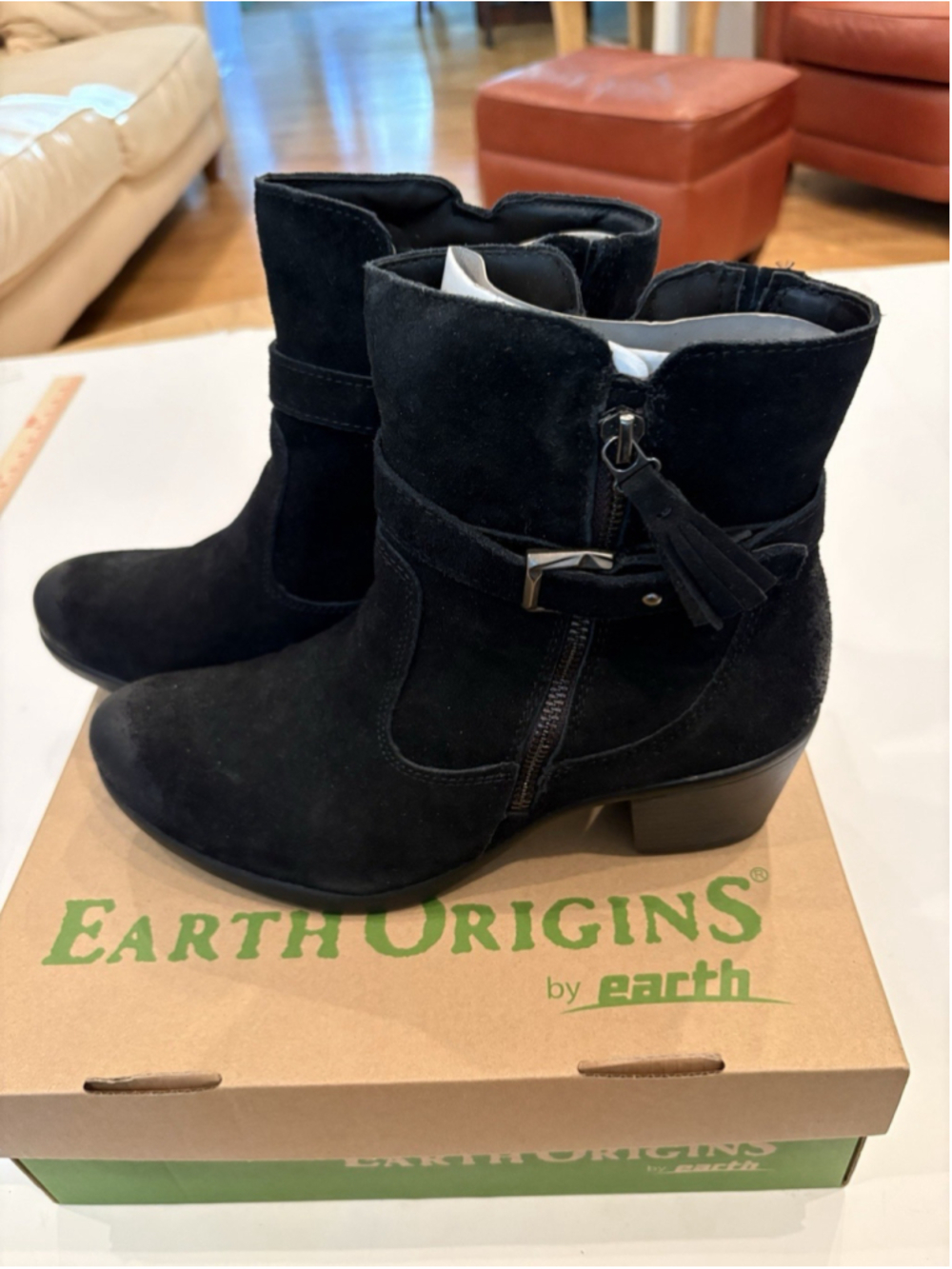 Size 10 Woman’s Ankle Boot-suede- W/buckle & Zipper-black-Earth Origins Brand